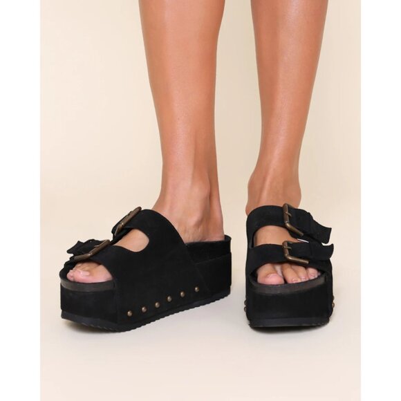 Intentionally Blank Suede Platform Double Buckle Sandals Black–Women’s 9.5 NWOT - Picture 1 of 6